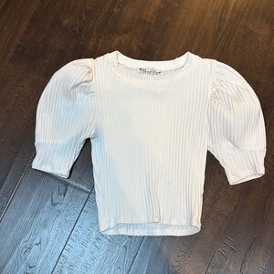 Zara Off-White Ribbed Puff Sleeve Top